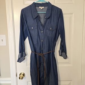 Umgee Blue Long Sleeve Denim Dress with Braided Suede Belt_ Sz Large